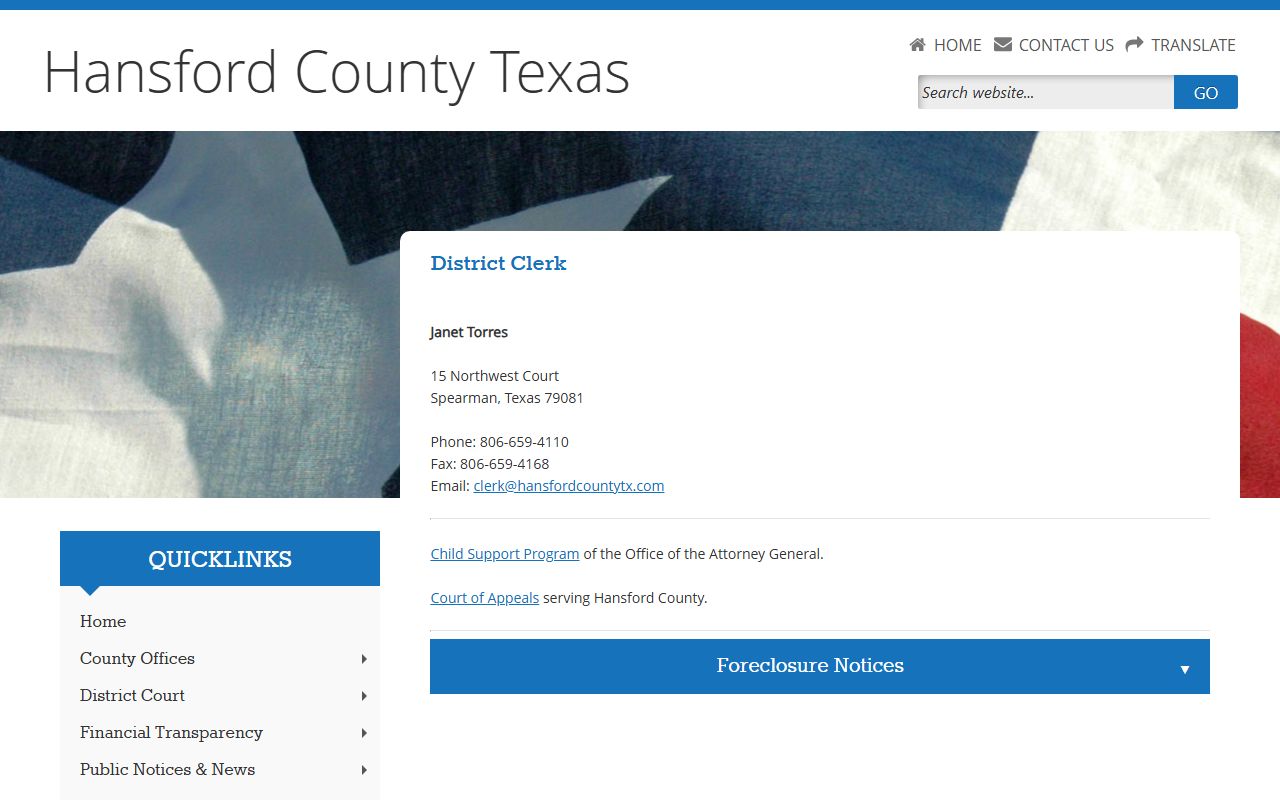 Hansford County District Clerk court records after arrest contact page