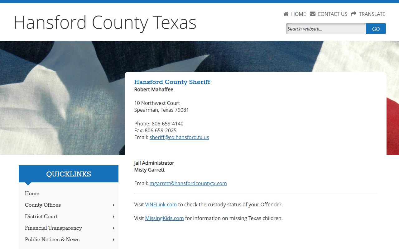 Hansford County sheriff jail contact page for inmate population lookup